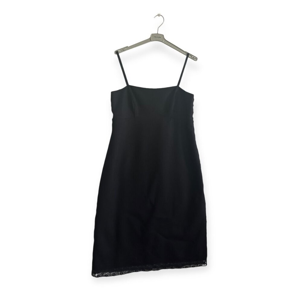Prada Archival F/W 2005 Runway Opening Look Black Wool Lace Midi Dress IT46